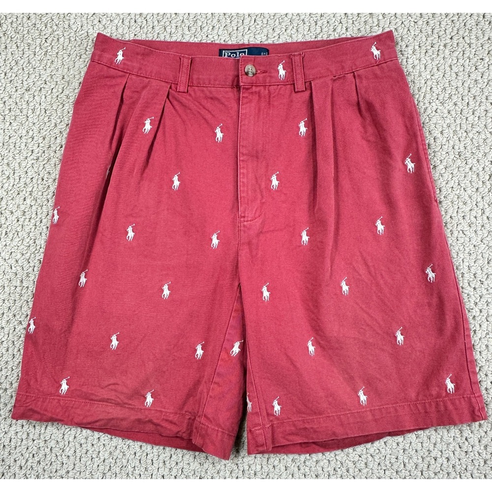 Vtg Polo Ralph Lauren Shorts Mens 31 Red Pleated Tyler Embroidered AOP Chino
